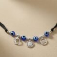 925 Sterling Silver Baby Katla Necklace with Chand Suraj Charms and Blue Evil Eye Beads