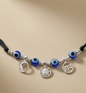 925 Sterling Silver Baby Katla Necklace with Chand Suraj Charms and Blue Evil Eye Beads