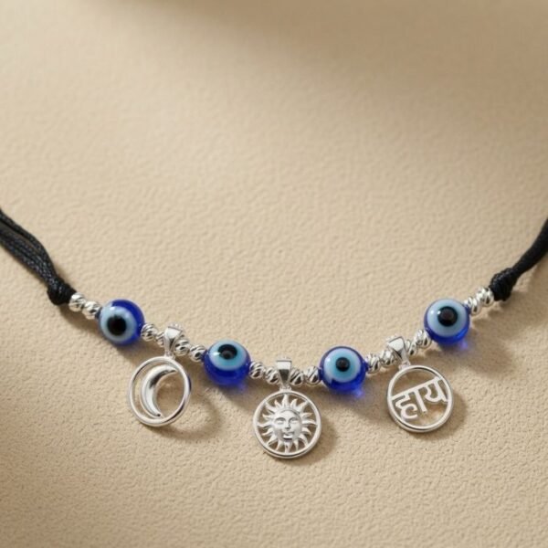 BABY KATLA 12 925 Sterling Silver Baby Katla Necklace with Chand Suraj Charms and Blue Evil Eye Beads