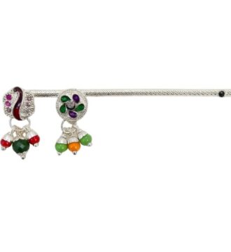 Laddu Gopal Ji Silver Bansuri (Flute) – Colorful Stone & Hanging Beads Design