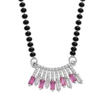 925 Sterling Silver Mangalsutra with pink and white CZ fringe drop design. Lightweight, stylish, and perfect for daily wear or gifting.