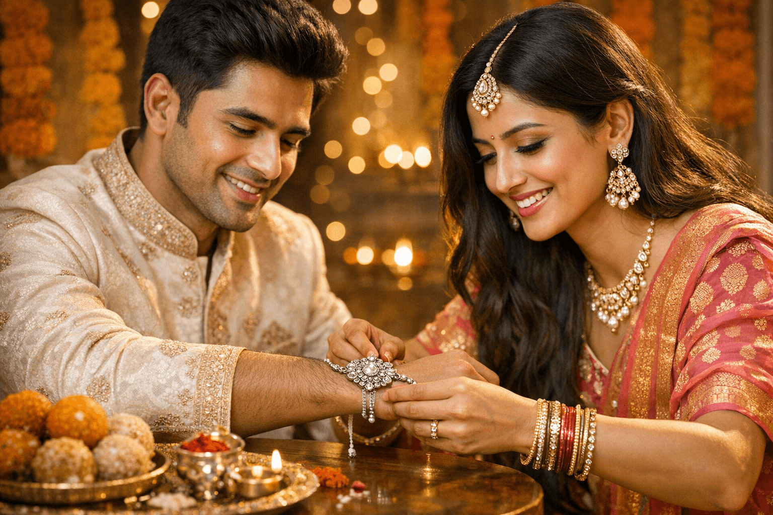 Sister tying a 925 silver rakhi on her brother's wrist
