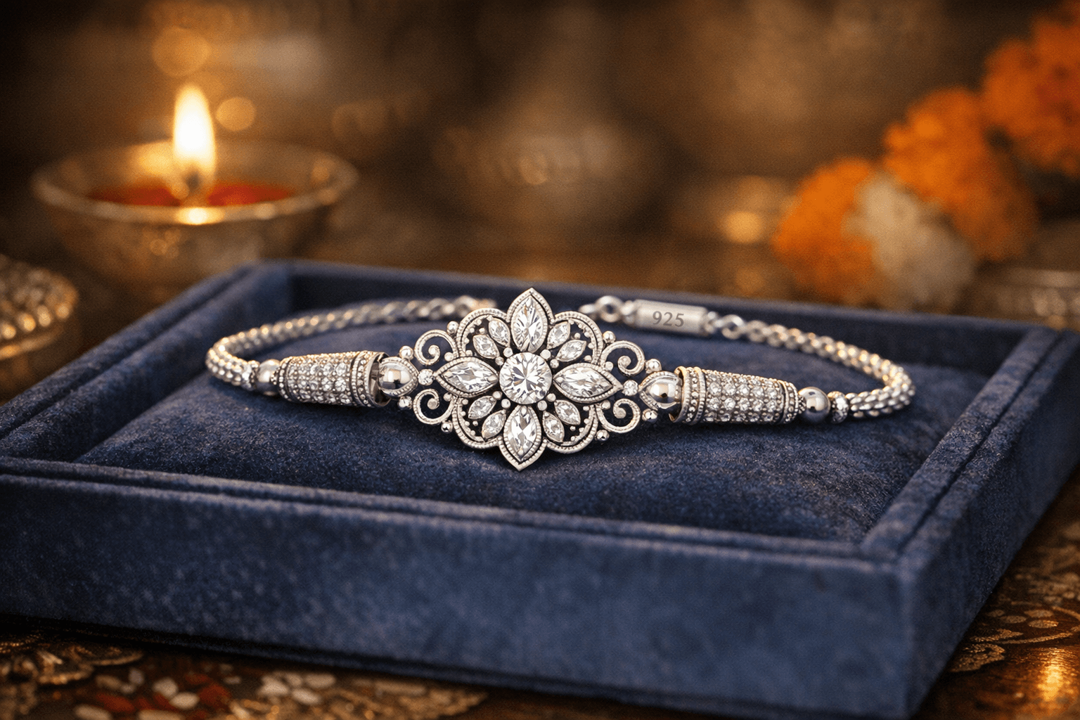 Premium 925 silver rakhi displayed on velvet tray