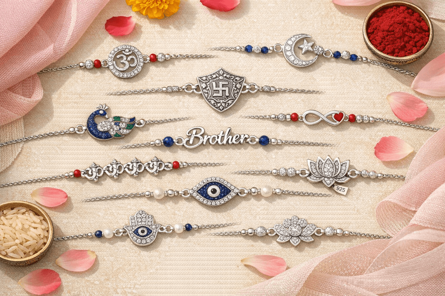 Different styles of 925 silver rakhi designs