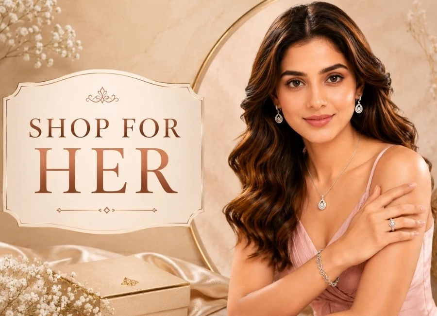 Young Indian man wearing premium silver chain, bracelet and ring with Shop for Him luxury jewellery collection banner by SRK Jewelry.
