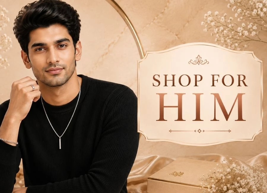 Young Indian man wearing premium silver chain, bracelet and ring with Shop for Him luxury jewellery collection banner by SRK Jewelry.