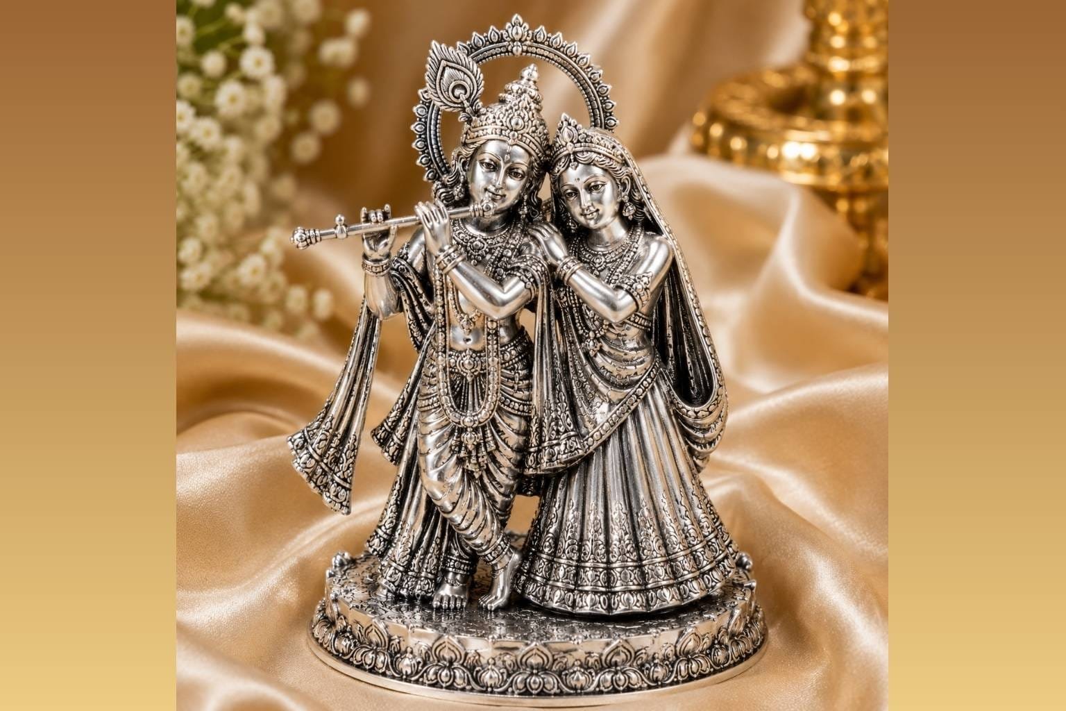 925 Sterling Silver Radha Krishna Idol with intricate traditional carvings placed on champagne silk cloth for home temple decoration by SRK Jewelry
