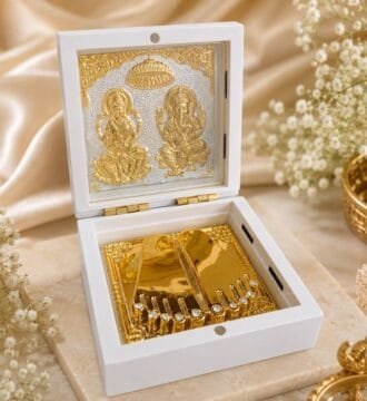 999 Gold & Silver Plated Lakshmi Ganesh Charan Paduka Gift Box Premium Wooden Pooja Gift Box Divine Home Temple Decor