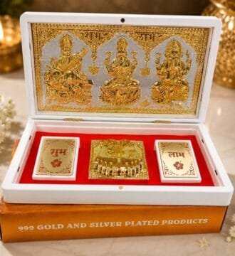 999 Gold & Silver Plated Lakshmi Ganesh Saraswati Charan Gift Box | Shubh Labh | Premium Spiritual Gift Box