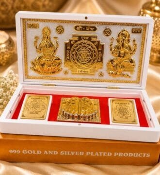 999 Gold & Silver Plated Lakshmi Ganesh Yantra Charan Gift Box | Shree Yantra with Charan Paduka | Premium Spiritual Gift Box