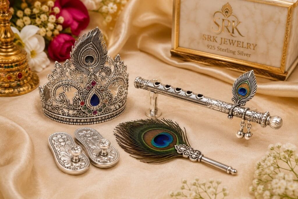 925 Sterling Silver Laddu Gopal Shringar Set with Silver Mukut, Bansuri, Mor Pankh and Paduka for Radha Krishna Idol by SRK Jewelry