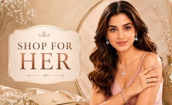 Young Indian man wearing premium silver chain, bracelet and ring with Shop for Him luxury jewellery collection banner by SRK Jewelry.