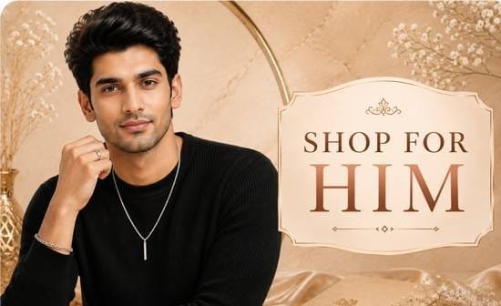 Young Indian man wearing premium silver chain, bracelet and ring with Shop for Him luxury jewellery collection banner by SRK Jewelry.