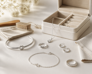 Silver jewelry arranged beside an open jewelry box, brush, folded cloth, and jewelry pouch
