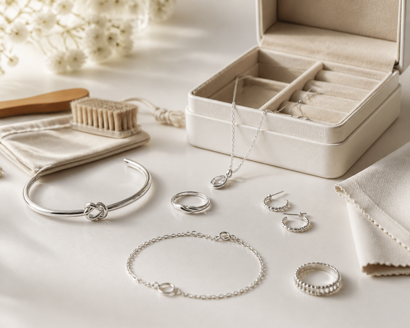 Silver jewelry arranged beside an open jewelry box, brush, folded cloth, and jewelry pouch