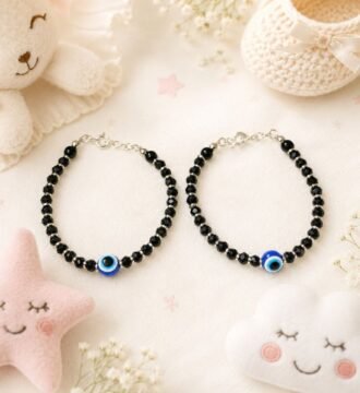 925 Sterling Silver Baby Nazariya Bracelet with Blue Evil Eye Beads | Adjustable Black Beaded Nazar Bracelet for Kids, Babies & Toddlers | Pair of 2
