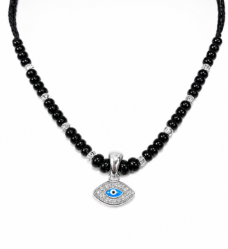 925 Sterling Silver Baby Necklace with Black Beads Silver Beads and Evil Eye Pendant