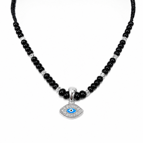 925 Sterling Silver Baby Necklace with Black Beads Silver Beads and Evil Eye Pendant
