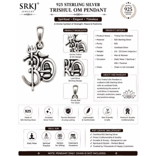 SRKJ 925 Sterling Silver Trishul Om Pendant